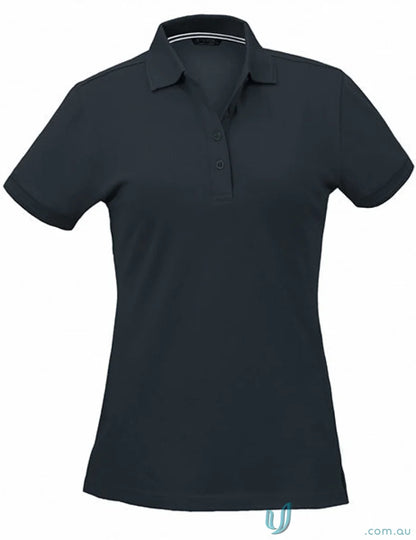 Women’s Dark Gray Oceanic Polo shirt with white striped collar, perfect for uniforms or workwear