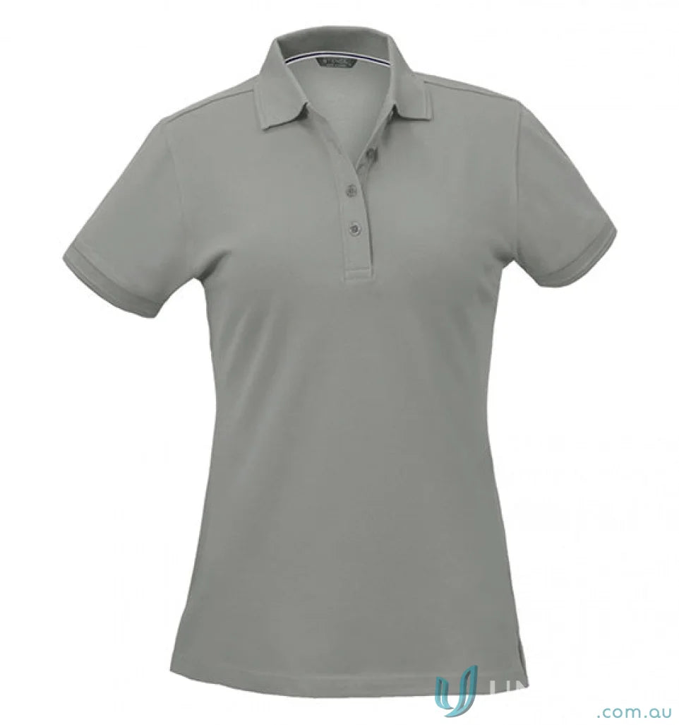 Oceanic Polo women’s gray short-sleeve workwear shirt with ribbed collar and three-button placket
