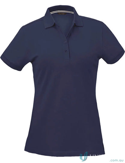 Women’s navy blue Oceanic Polo with striped collar, perfect for uniforms or workwear