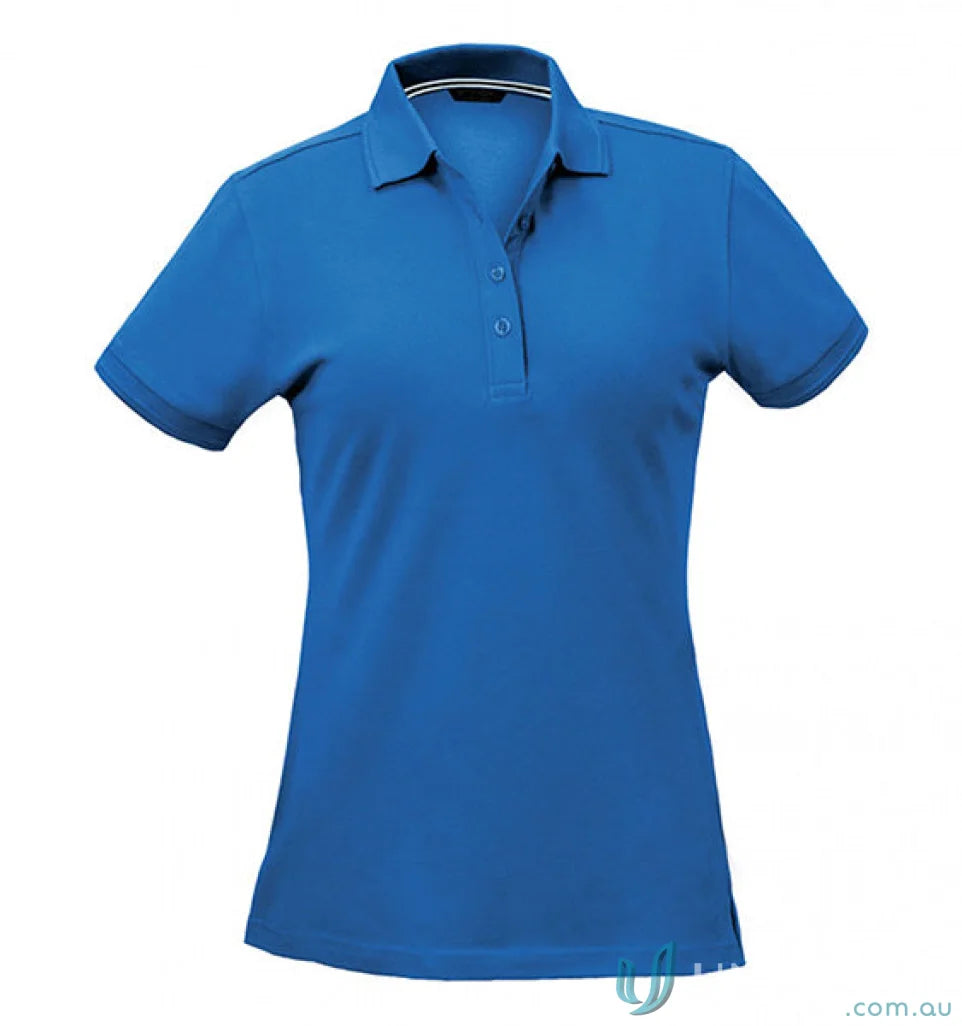 Women’s royal blue Oceanic Polo with striped collar, perfect for uniforms and workwear
