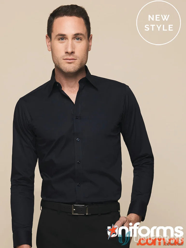 Black Olsen Cotton Stretch Shirt in slim fit long-sleeve style for a sharp look