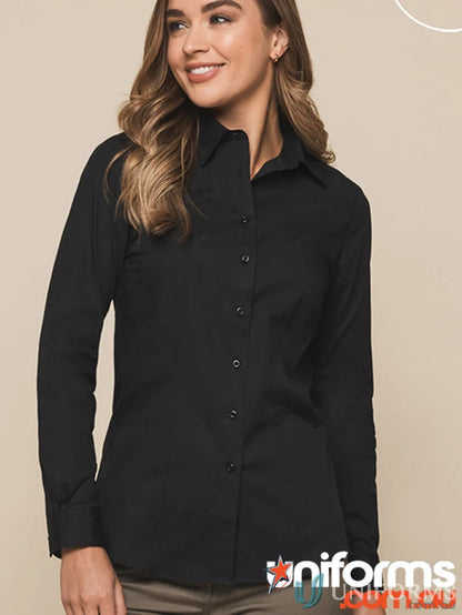 Black Olsen Cotton Stretch Shirt with long sleeves and button-down style