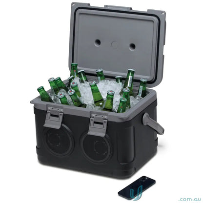 Black and gray On‑Ice 21L portable cooler with built-in Bluetooth speaker and brandable surface