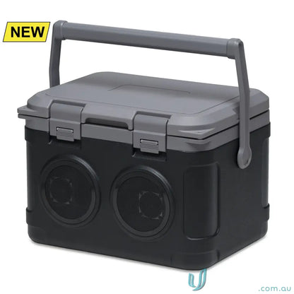 Black and grey On‑Ice 21L portable cooler with Bluetooth speaker and brandable surface