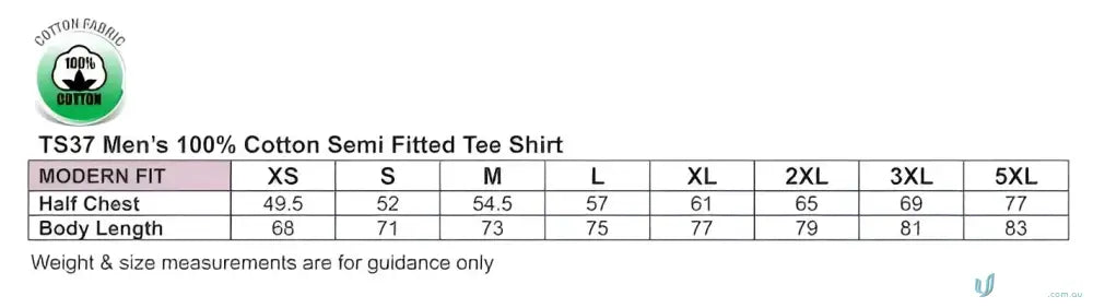 T-shirt size chart for One Colour Print ADULT Semi Fit Tee made from combed cotton workwear uniforms