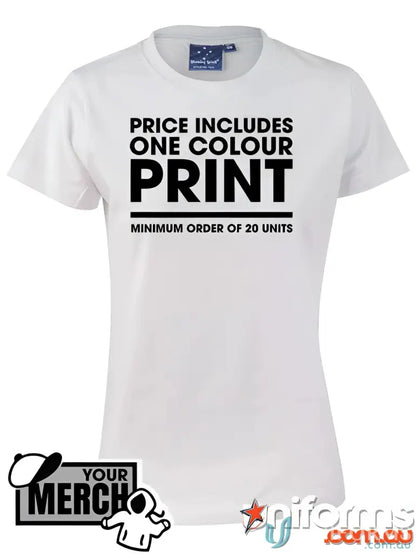 White combed cotton t-shirt from One Colour Print Ladies Semi Fit Tee, perfect for workwear or uniforms