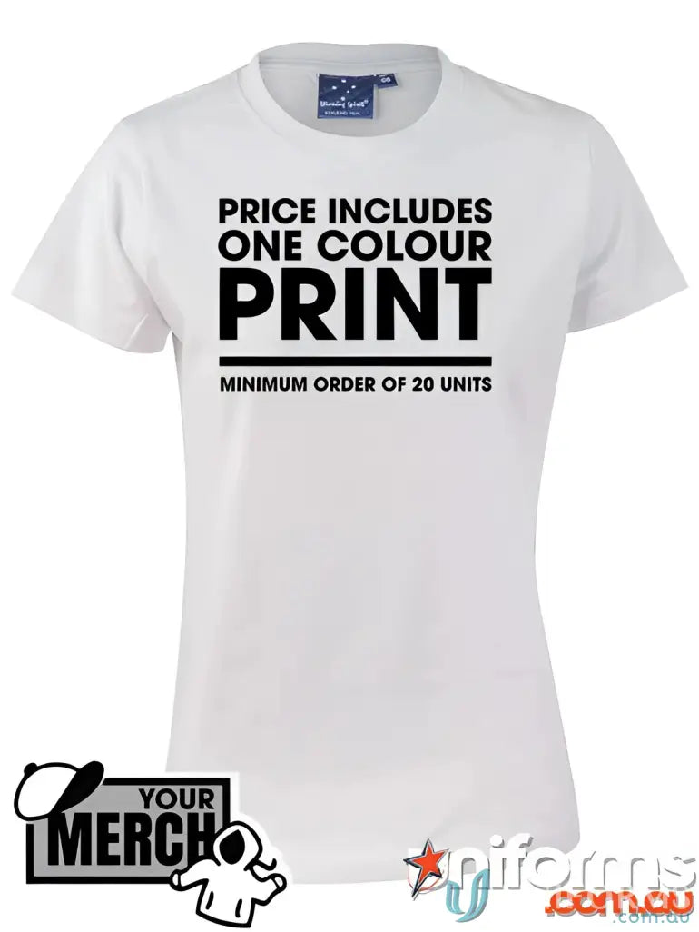 White combed cotton t-shirt from One Colour Print Ladies Semi Fit Tee, perfect for workwear or uniforms