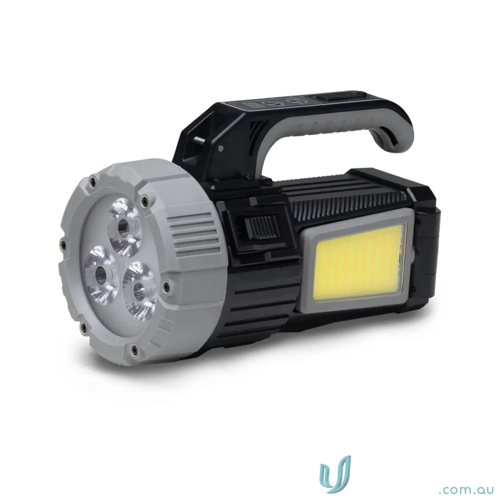 Black steel grey OptiBeam COB LED search light torch with handle and dual light sources