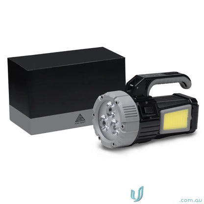 OptiBeam COB LED Search Light Torch in black steel grey with side floodlight and handle