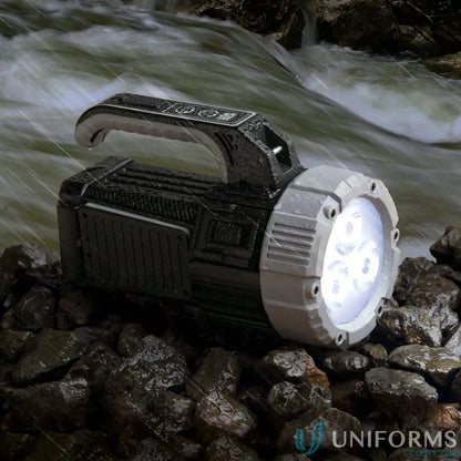 OptiBeam COB LED search light torch in black steel grey with sturdy handle and branding options