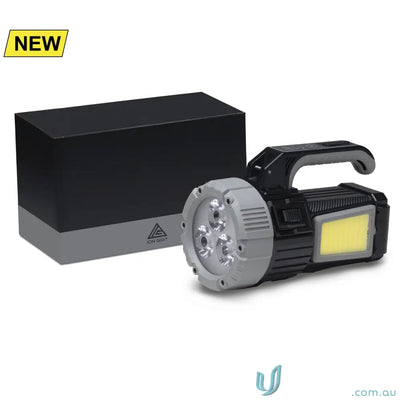 Black steel grey OptiBeam COB LED search light torch with multi-function rechargeability