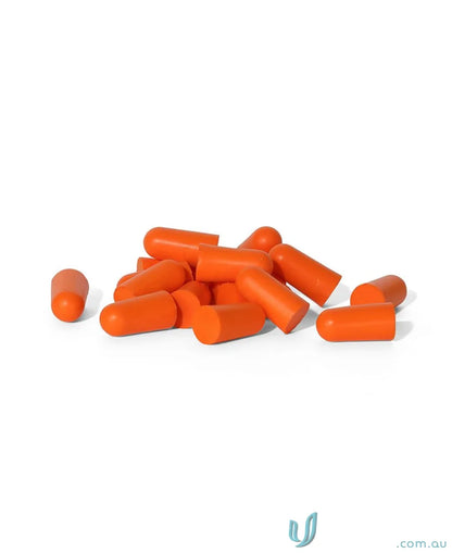 Pile of orange bullet shaped earplugs in workwear-friendly 100 pack for uniforms