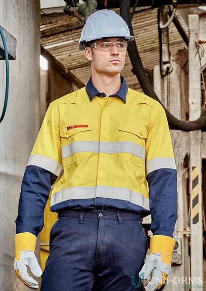 Yellow and navy long-sleeved work shirt with reflective strips, ripstop spliced design