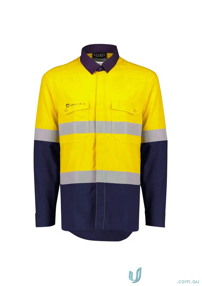 Orange Flame Lightweight Ripstop Spliced Hoop Shirt with high-vis yellow, navy blue, and reflective stripes for demanding work environments