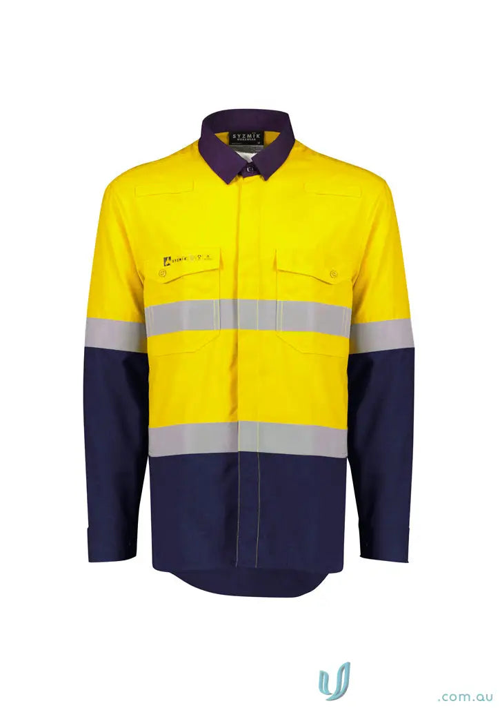 Orange Flame Lightweight Ripstop Spliced Hoop Shirt with high-vis yellow, navy blue, and reflective stripes for demanding work environments