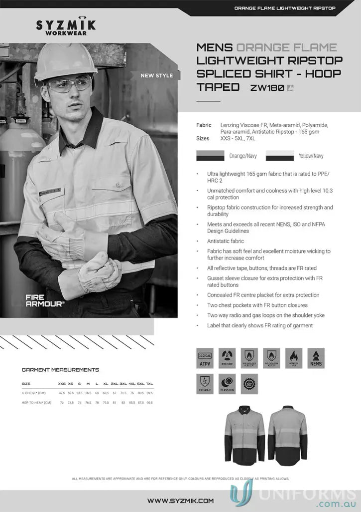 Men’s orange flame lightweight ripstop spliced shirt perfect for demanding work environments