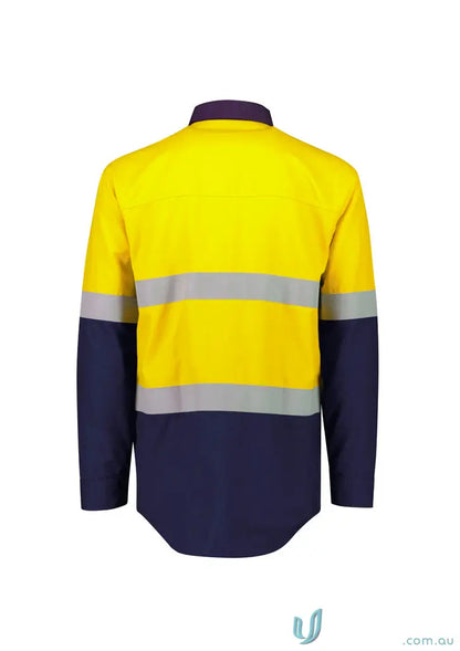 Yellow and navy long-sleeved ripstop spliced shirt with reflective stripes for demanding work environments