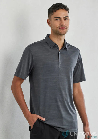 Man in gray Orbit Polo shirt made of certified recycled polyester, P410MS, short sleeve style