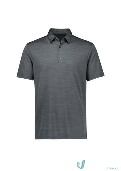 Gray short-sleeved Orbit Polo shirt made with p410ms certified recycled polyester