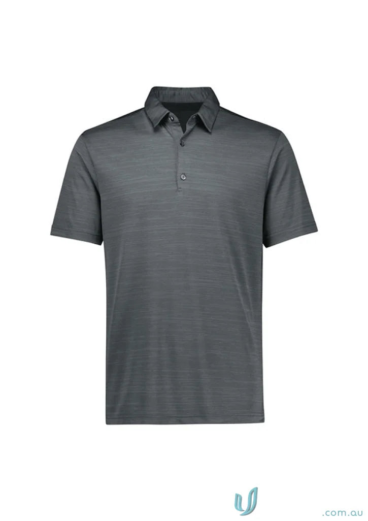 Gray short-sleeved Orbit Polo shirt made with p410ms certified recycled polyester