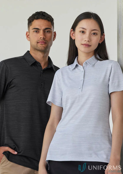 Two people wearing stylish Orbit Polo shirts made of certified recycled polyester