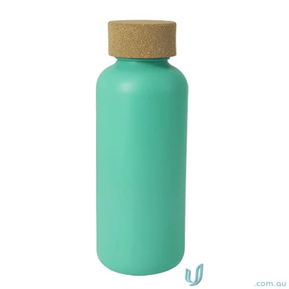 Organic 650ml teal water bottle with natural cork lid for eco-friendly hydration