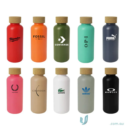 Ten organic 650ml eco friendly water bottles with natural cork caps and sugar cane design