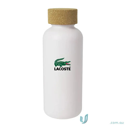 White Lacoste water bottle with natural cork cap, organic 650ml sugar cane eco friendly