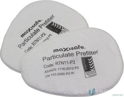 Two white particulate prefilters for Maxiguard Respirators, ideal for main filter in workwear