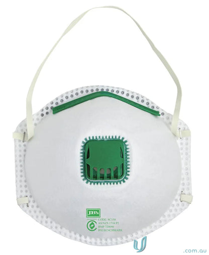 White respirator mask with green valve for work uniforms and workwear protection