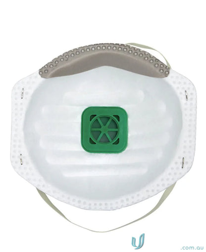 White respirator mask with green valve, ideal for workwear and uniforms protection