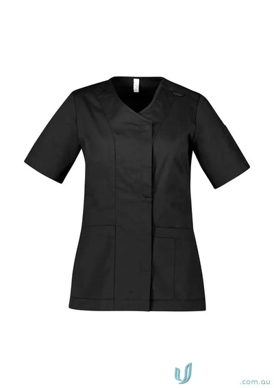 Black short-sleeved Parks Zip Front Crossover Scrub Top with silverplus antibacterial treatment and double-tacked stress points cst240ls