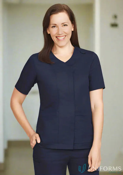 Navy blue Parks Zip Front Crossover Scrub Top with SilverPlus antibacterial treatment and double-tacked stress points, product code cst240ls