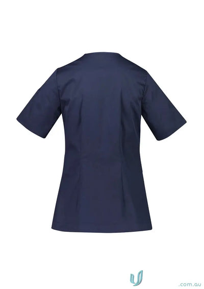 Navy blue Parks Zip Front Crossover Scrub Top with silverplus® antibacterial treatment and double-tacked stress points