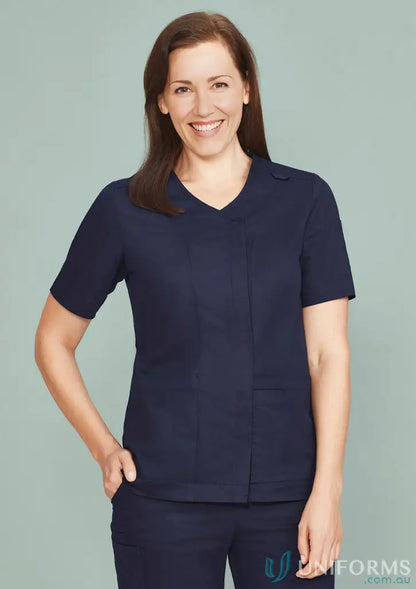 Navy blue scrub suit with silverplus antibacterial treatment and double-tacked stress points