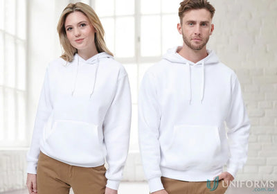 Two people wearing white Passion Fleece Hoodie with hood lining, style FL09 Spirit Unisex