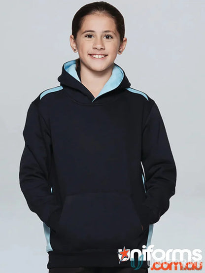 Child’s navy and light blue hoodie with contrast panel work, soft brushed fabric