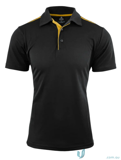 Paterson Polo black fabric polo shirt with yellow trim, great for uniforms and workwear