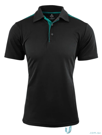 Black Paterson Polo shirt with teal trim, perfect for uniforms and workwear, made from comfy fabric