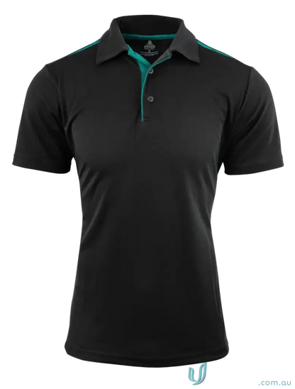 Black Paterson Polo shirt with teal trim, perfect for uniforms and workwear, made from comfy fabric