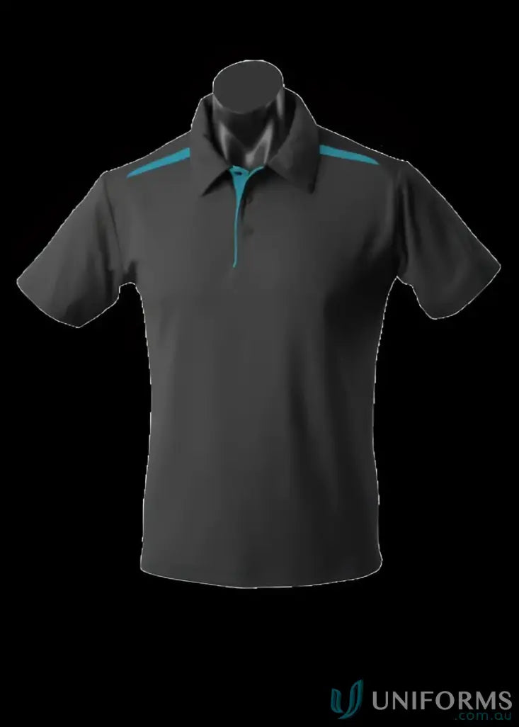 Gray Paterson Polo shirt with teal accents made from comfy fabric, perfect for uniforms and workwear