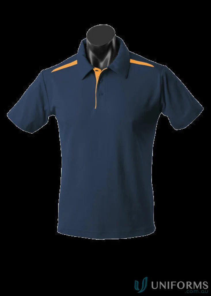 Navy blue Paterson Polo shirt with gold accents made from quality fabric for uniforms or workwear
