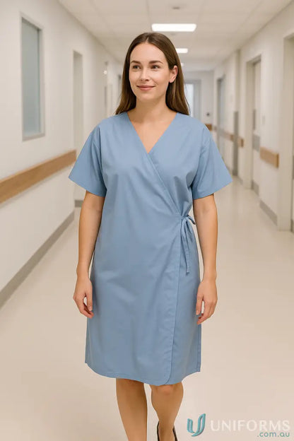 Medi8 patient gown with front-opening design worn by woman in hospital setting