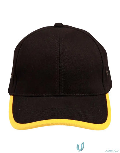 Black Peak and Back Trim Cap with yellow brim perfect for stylish headwear and winning spirit peak