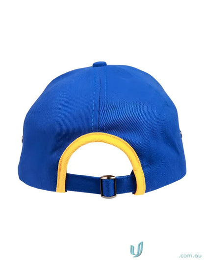 Blue and yellow trim cap from Peak and Back Trim Cap, stylish headwear for winning spirit peak