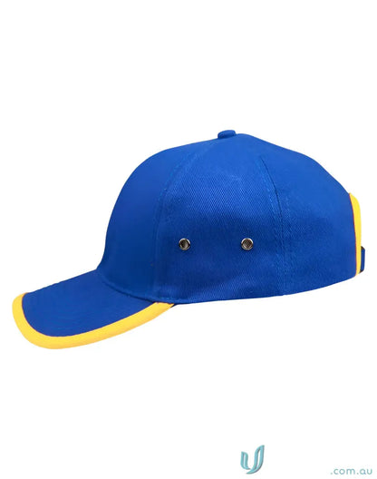 Blue and yellow trim cap from Peak and Back with a winning spirit peak, stylish headwear