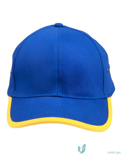 Blue and yellow Peak and Back Trim Cap showing stylish headwear with winning spirit peak design