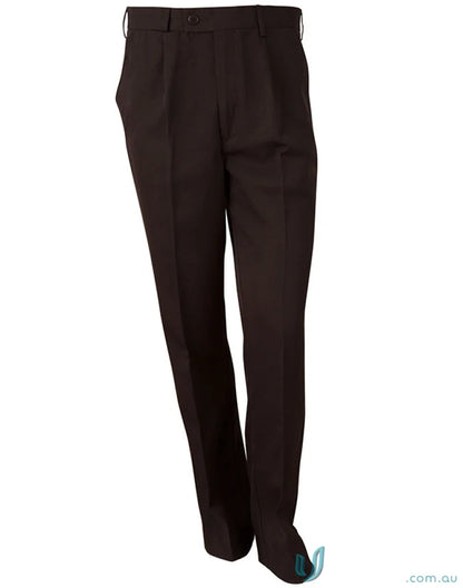 Brown dress pants with wp01 permanent press, stain resistant jet pockets, and angled coin pocket