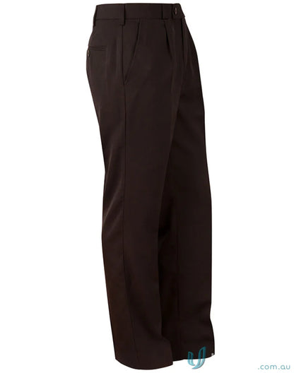 Brown pleated dress pants featuring WP01 Permanent Press, stain resistant jet pockets