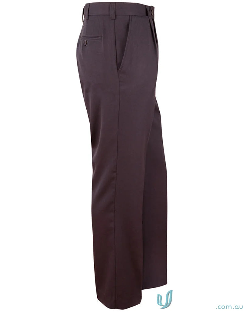 Brown pleated dress pants with WP01 Permanent Press, stain resistant jet pockets